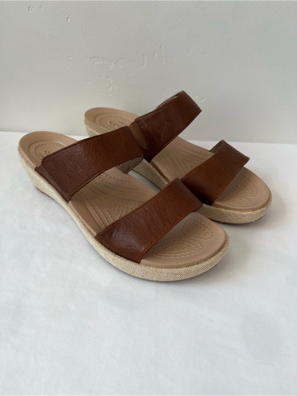 Crocs A-Leigh 2 Strap Mini Wedge Sandals Size 10 Brown Leather Canvas